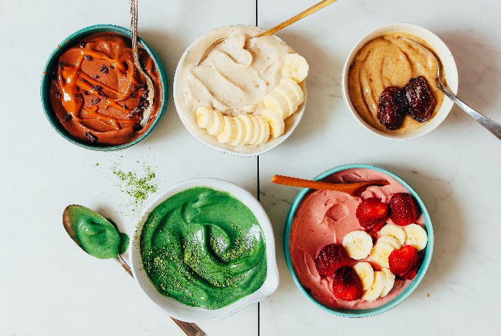 Bowls of colorful banana ice cream