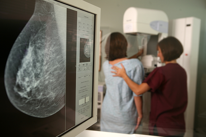 A patient receiving a screening mammogram at the Patricia Nolan Breast Center.